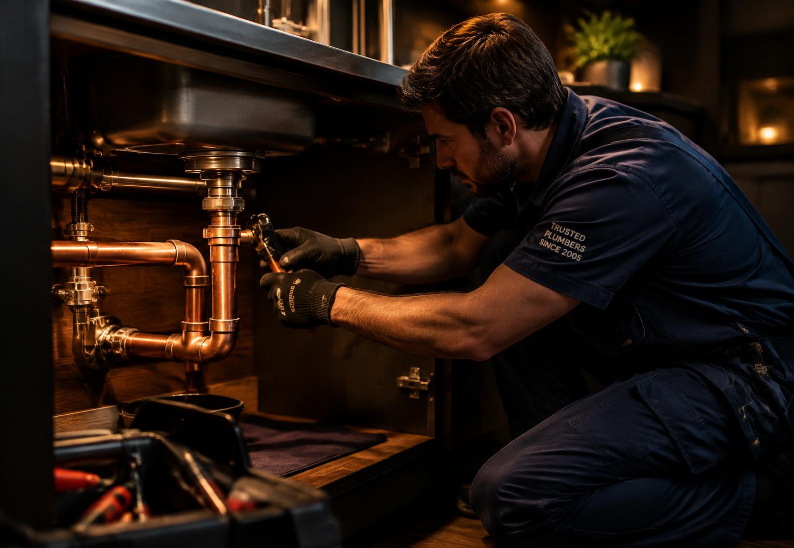 BB Plumbing technician repairing copper pipes